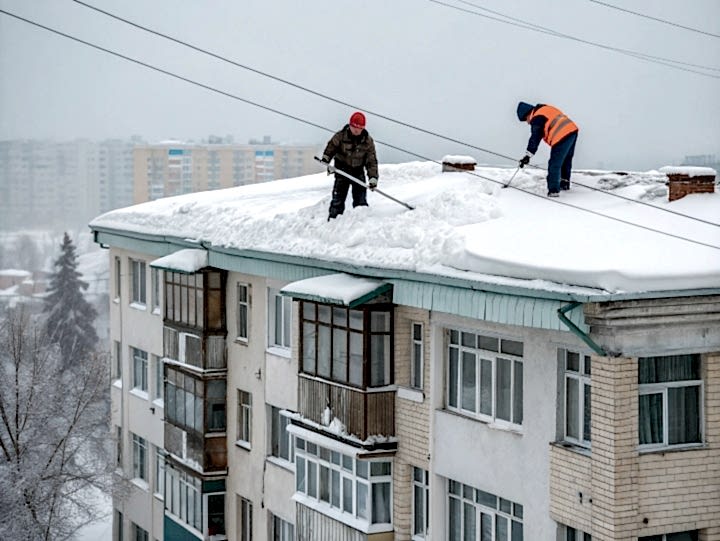Очистка всей площади кровли от снега и наледи