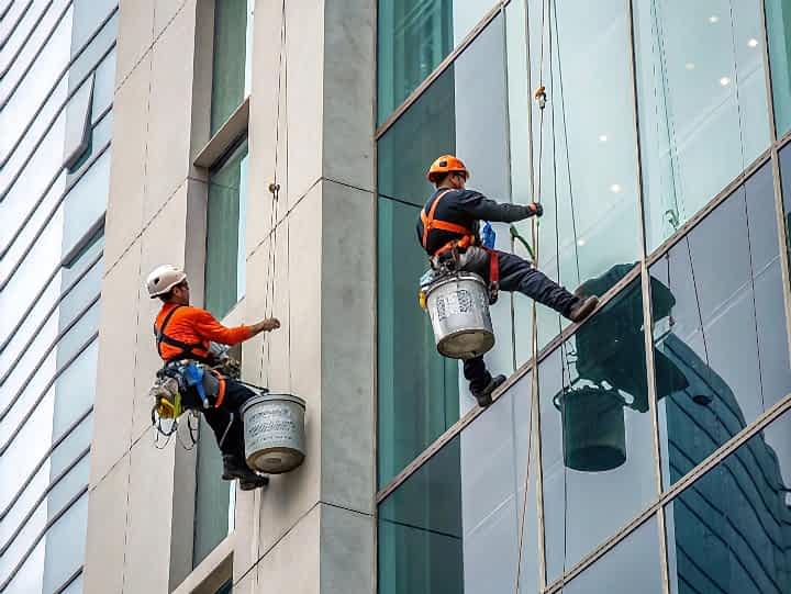 Мойка окон и фасада с применением промышленного альпинизма