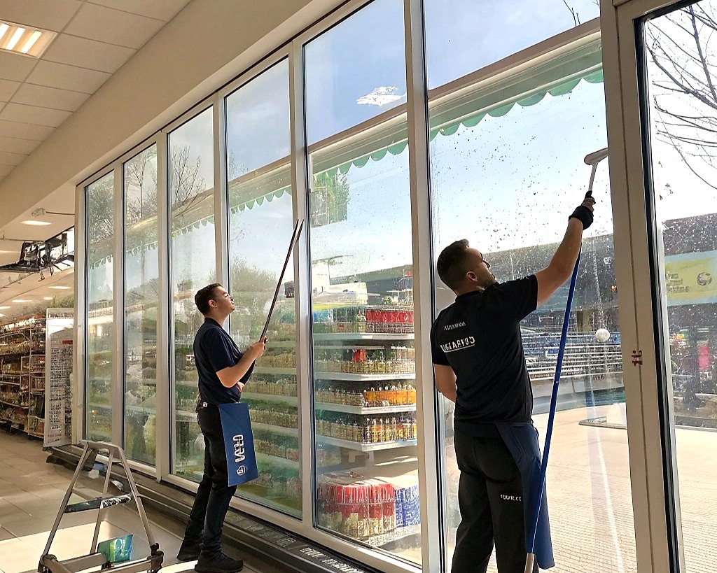 Мойка панорамного остекления магазине