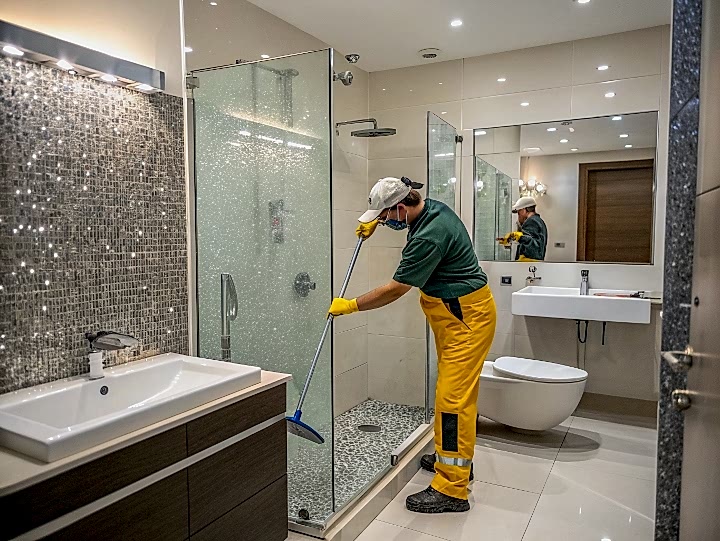Генеральный клининг душевой комнаты с мойкой плитки
