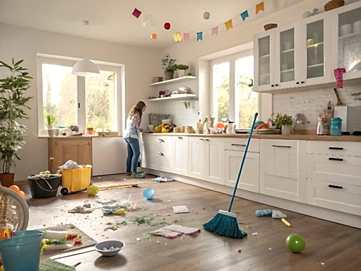 Уборка коттеджа после вечеринки с распаковкой холодильника