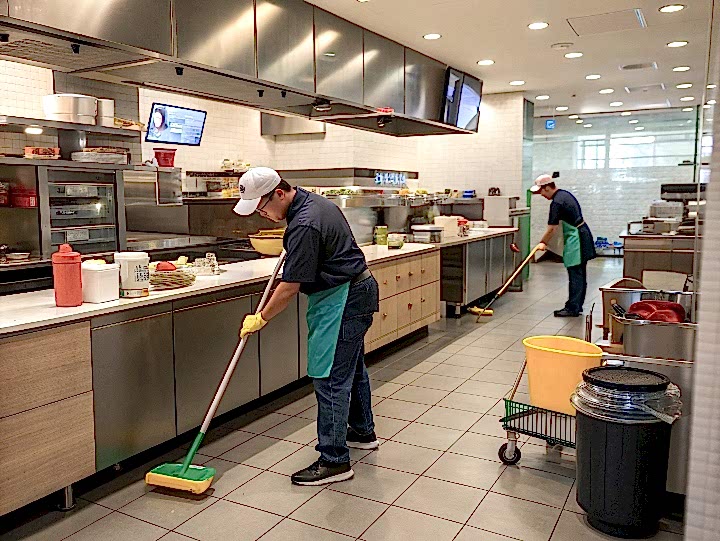 Уборка на кухне фуд-корта